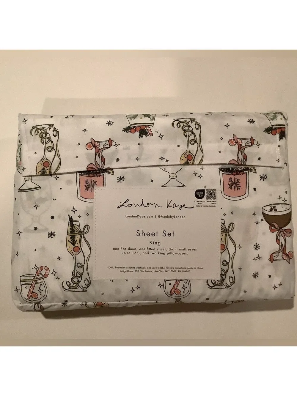 London Kaye Deck The Cocktails Christmas King Sheet Set New